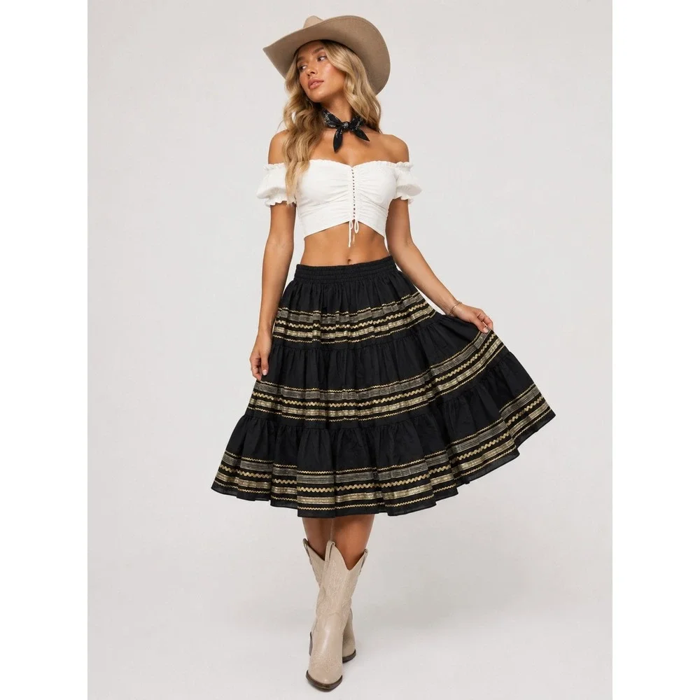 Square Up Fashions Black Gold Metallic Fair Square Dance Skirt M